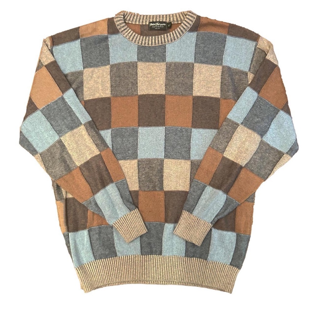 Vintage Coogi style knit sweater w/ earthy color block pattern by Norm Thompson.